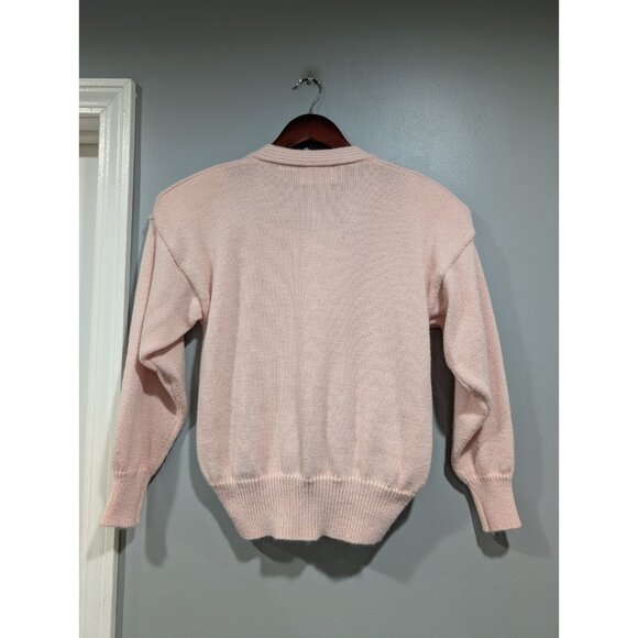 Vintage Jaclyn Smith Faux Wrap Sweater Pink Shoulder Pads White Lace Pearls Sz L - Picture 3 of 16